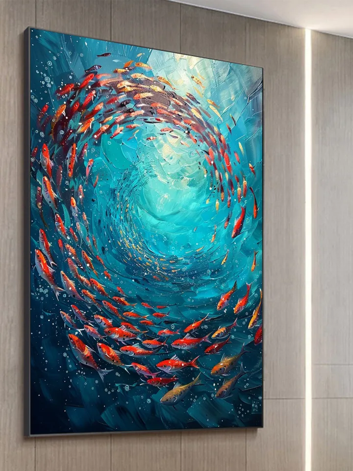 Original School of Fish Oil Painting On Canvas, Abstract Blue Underwater World Art, Ocean Painting, Living Room Wall Art, Custom Painting