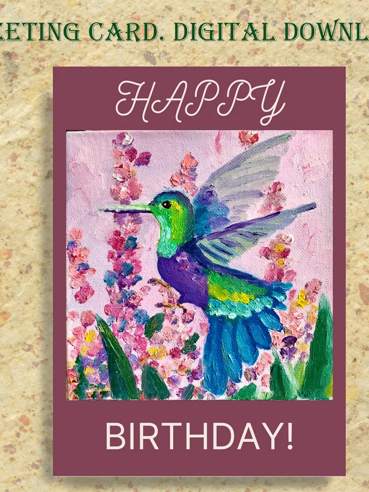 Digital Download, Happy Birthday card, Hummingbird Digital Greeting Card, Printable bird, Birthday E-Card