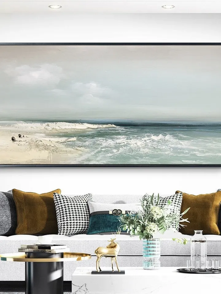 Sandy Beach Ocean Oil Painting On Canvas Blue Sky White Clouds Abstract Seascape Coastal Wall Art Acrylic Painting Large Wall Art Home Decor
