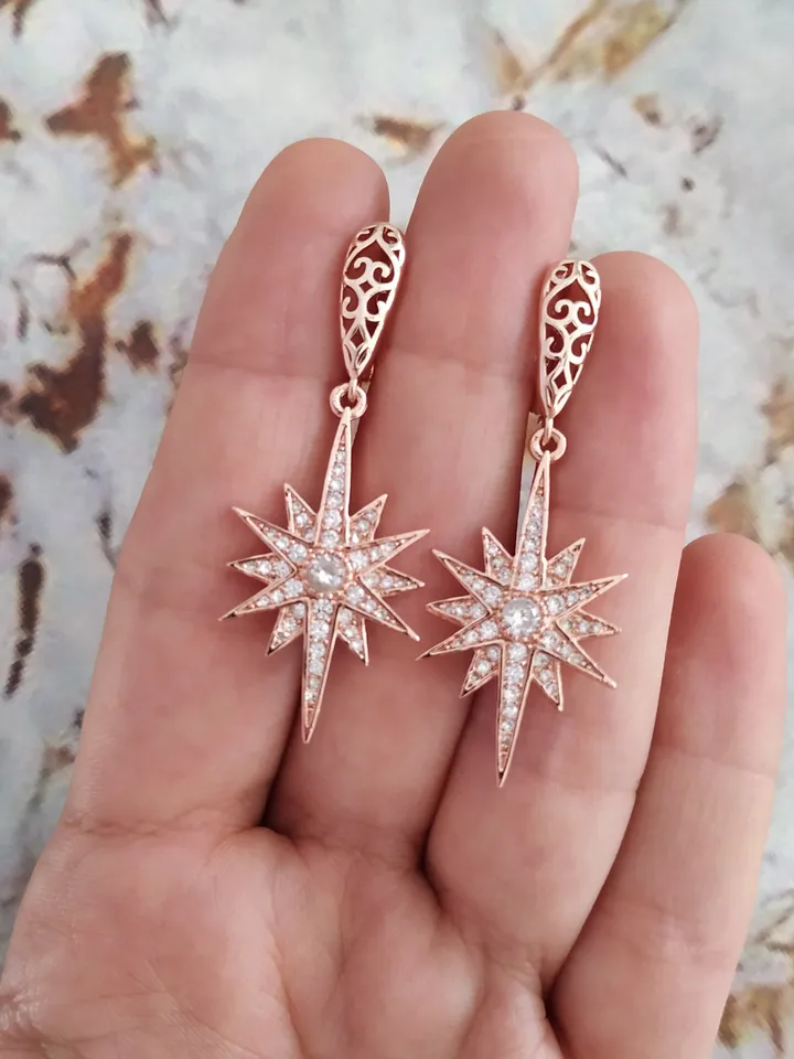 3 PCS Rose Gold Star Earrings Tiara and Necklace Jewelry Set, Celestial Boho Wedding Accessories, Valentine's Day Gift , Bridesmaid Gift