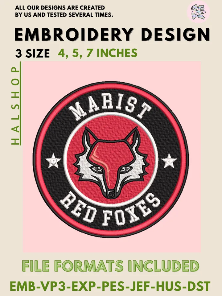 Marist Red Foxes NCAA Team Logo Embroidery Design Files – College Sports Mascot Pattern, 3 Sizes Machine Embroidery, Instant Digital Download