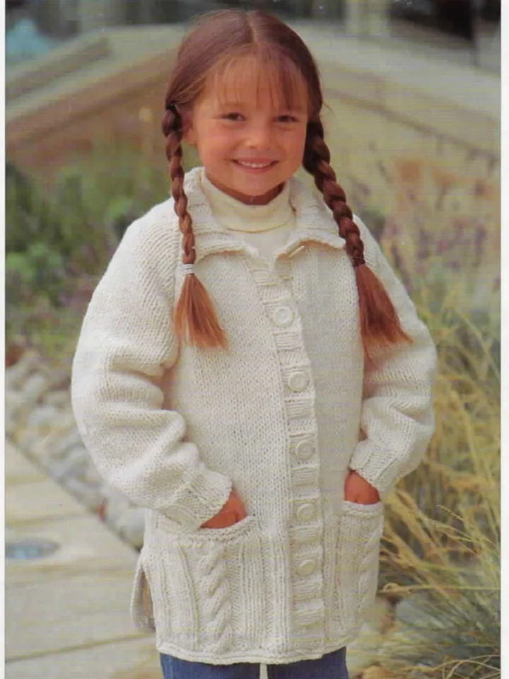 Cardigan children chunky knitting pattern collar pockets cardigan kids jacket pdf