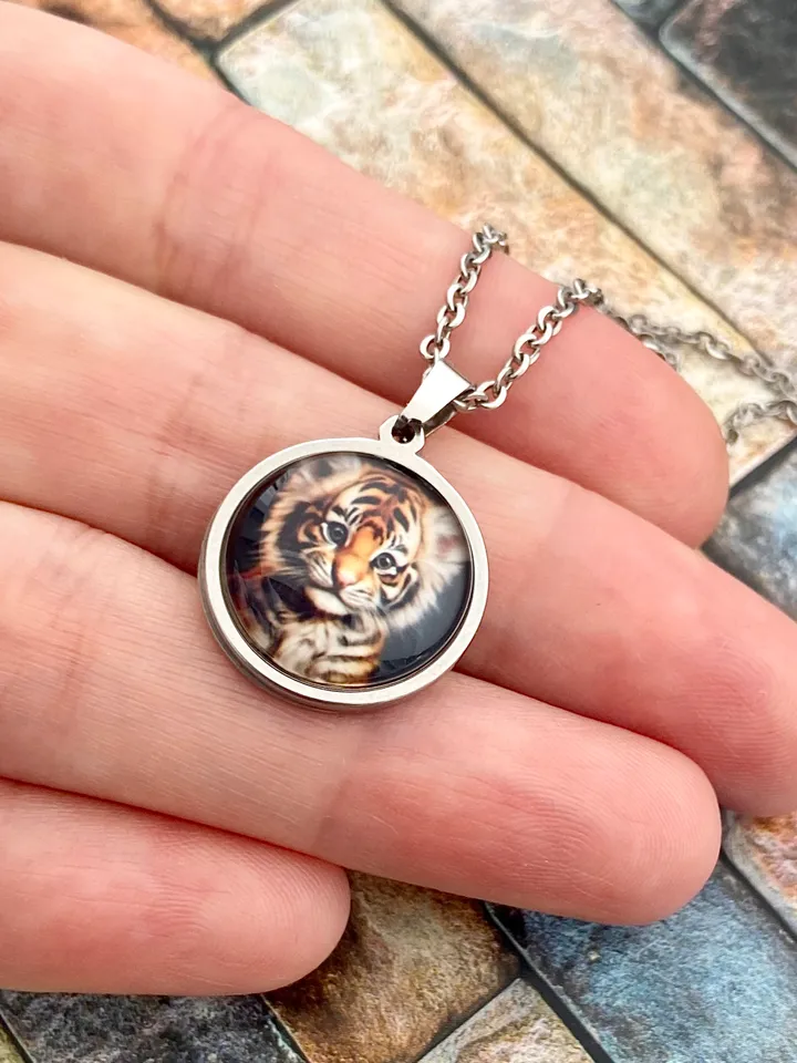 Tiger head necklace, steel pendant with glass, Wild cats lover gift, Cute little tiger charm
