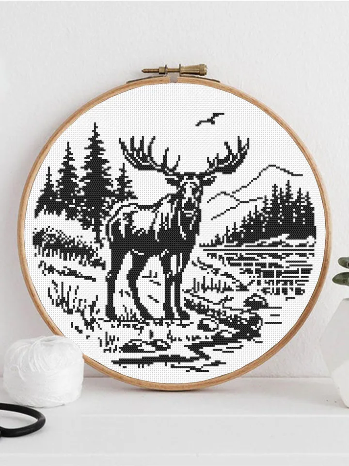 Woodcut elk cross stitch pattern PDF download Deer cross stitch chart, Monochrome animal pattern digital PDF, Mountain landscape #L86