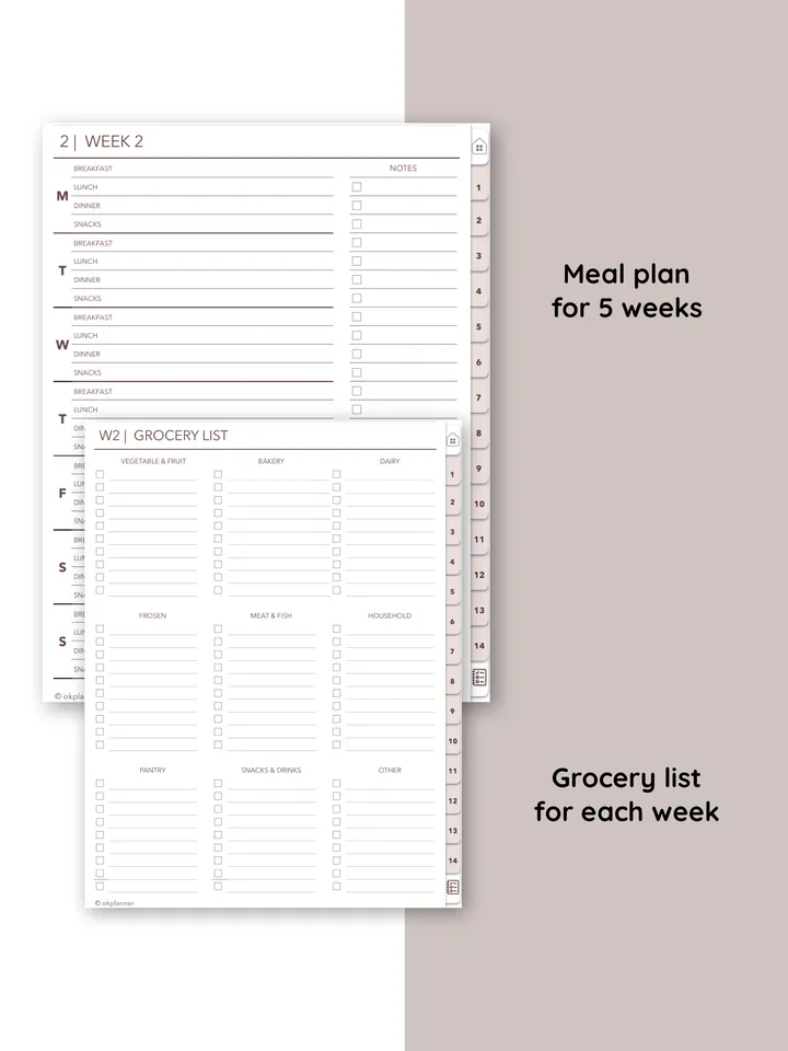 Digital Meal planner. Food diary. Weekly meal journal. Grocery list. Printable meal plan. Hyperlinked Recipe Planner