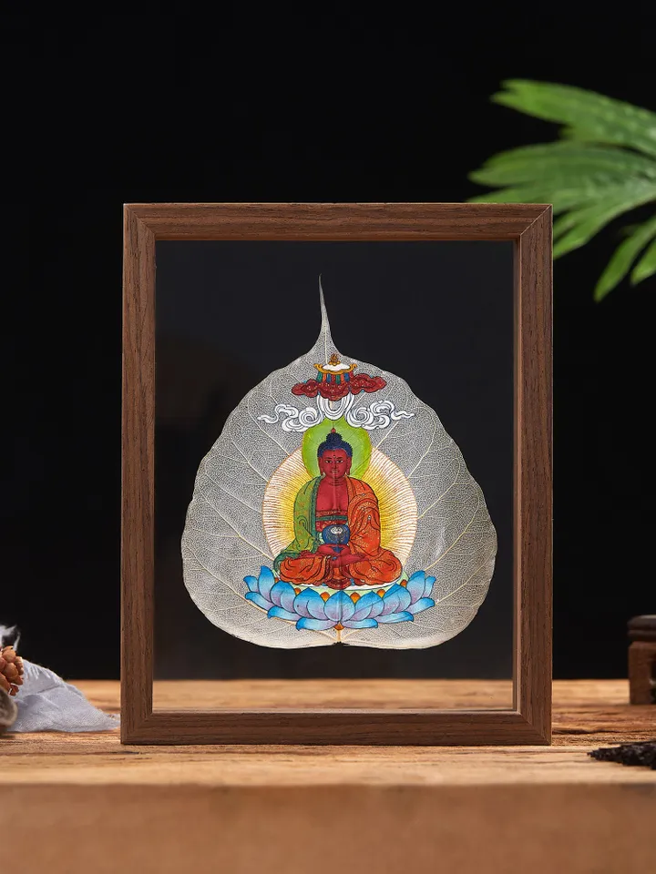 Gandhanra Handpainted Bodhi Leaf Thangka,Packed in Wooden Picture Frame,Painted with Natural Mineral Pigments,Amitabha Thangka