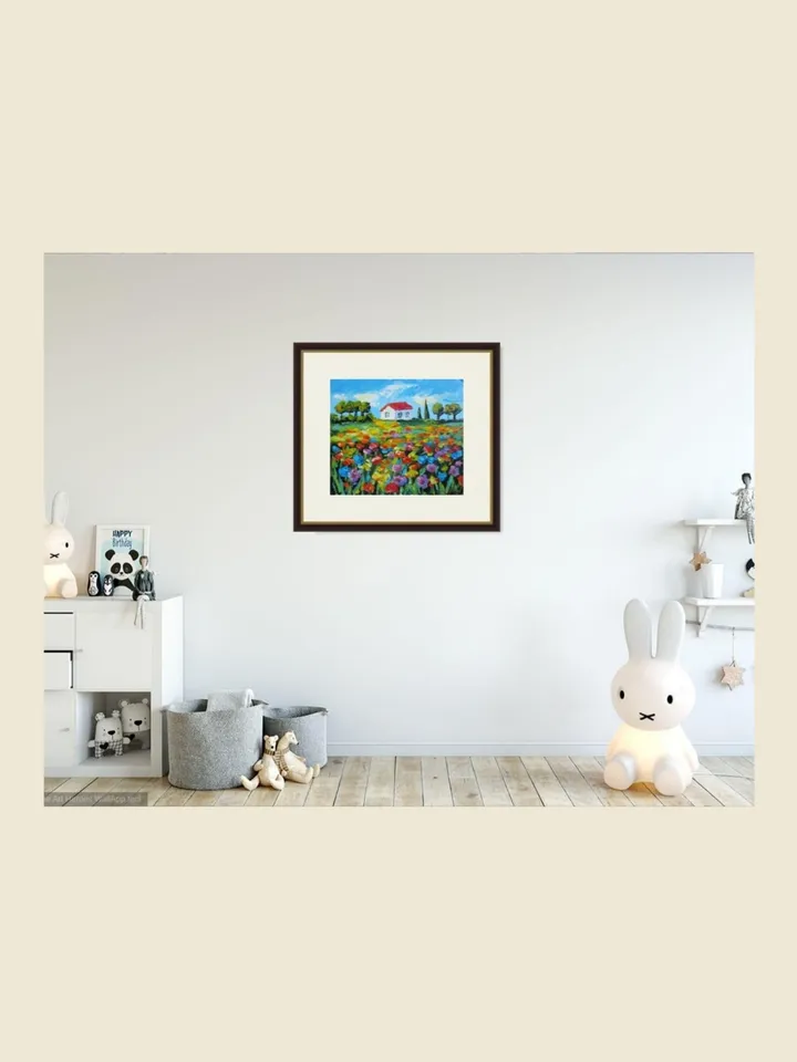 Original Oil Painting Flower Field with Cottage Palette Knife Art Blooming Meadow Artwork