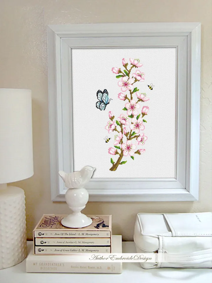 Cherry blossom branch cross stitch pattern PDF download Spring flowers cross stitch chart, Floral pattern digital PDF, Sakura blossom #P54