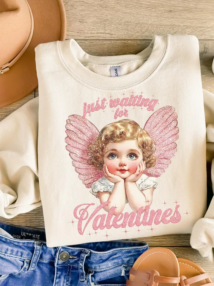 Just Waiting For Valentine's Png, Retro Valentine Shirt Design, Gold Glittered Cupid, Valentine's Day Png, Valentine Love Png Digital