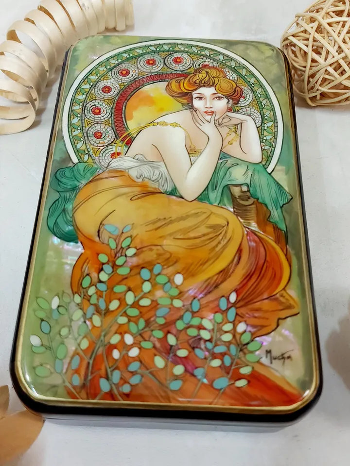 Beautiful Lacquer Box Alphonse Mucha "Topaz" Hand painted miniature painting jewelry box Mother of pearl Papier mache Art gift Fedoskino