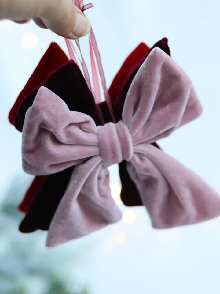 Christmas velvet tree bow decor Xmas bows decoration pink, burgundy, cranberry red