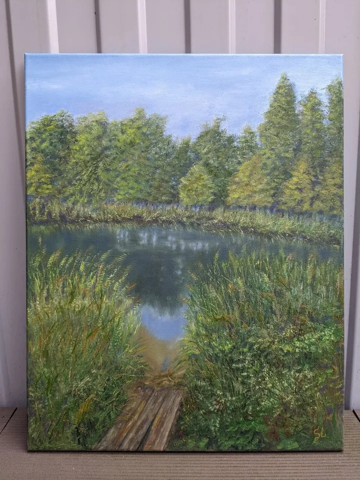 Summer landscape with a river and a wooden bridge, tall grass and trees, original painting 16x12 inches
