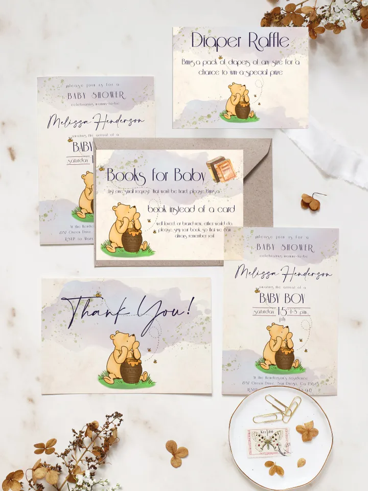 Classic Winnie Pooh Baby Shower Invitation Set; Boy Baby Shower Template; Blue Baby Shower Invite; Honey Bear Invite; Winnie Template