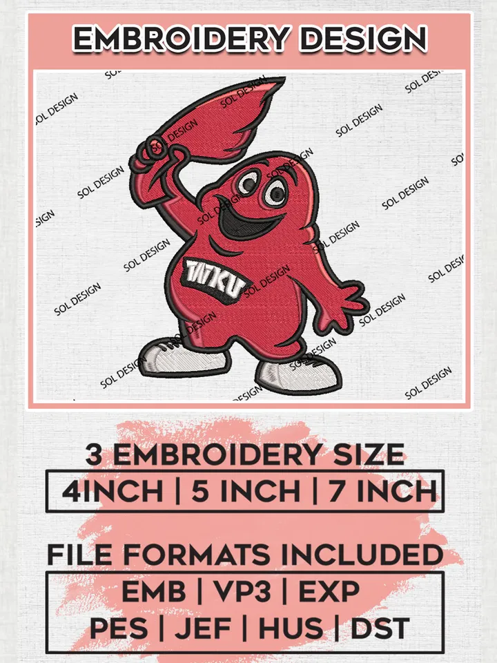 NCAA Western Kentucky Hilltoppers Team Funny Mascot Logo Embroidery Design Files, NCAA Western Kentucky Hilltoppers Machine Embroidery, NCAA Teams, Game Day, 3 sizes, NCAA Machine embroidery designs, Digital Download