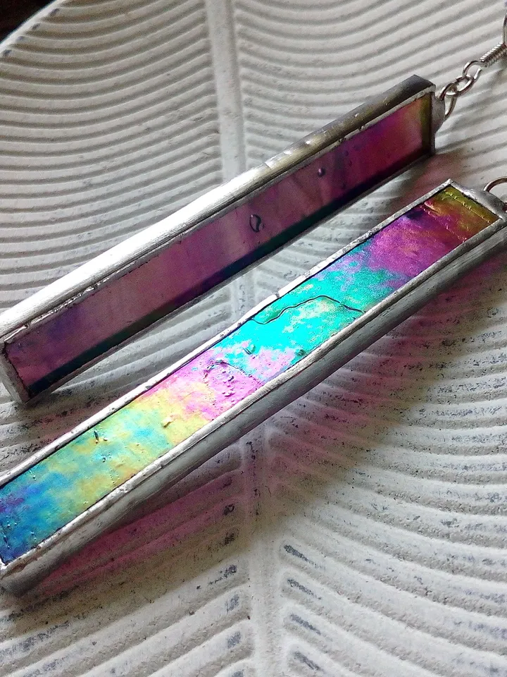 Iridescent stained glass earrings, cute rectangle earrings, dichroic earrings, duochrome earrings
