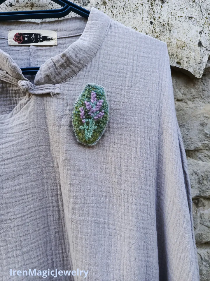Crocheted Lavender Brooch with Hand Embroidery
