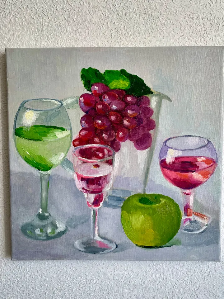 Wine Glass Painting, Original Oil Painting on Canvas, Fruit Still Life Painting