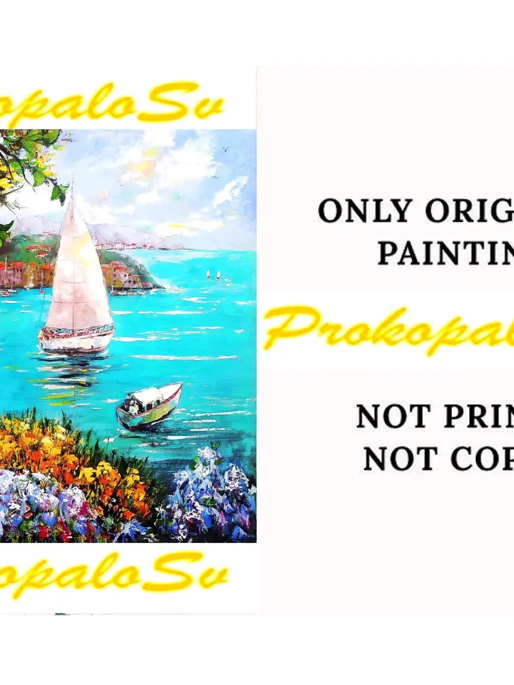 Italy Painting Amalfi Original Art Impaso Oil Painting Office painting Sea Painting Impasto Large Flowers Canvas Art 32x32 inches