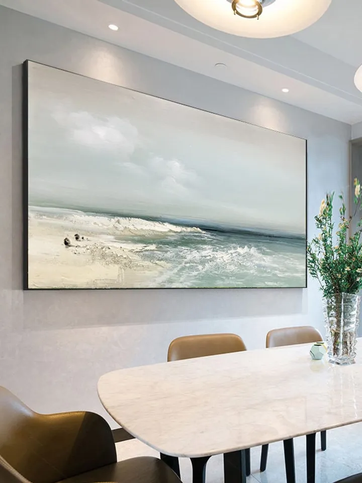 Sandy Beach Ocean Oil Painting On Canvas Blue Sky White Clouds Abstract Seascape Coastal Wall Art Acrylic Painting Large Wall Art Home Decor