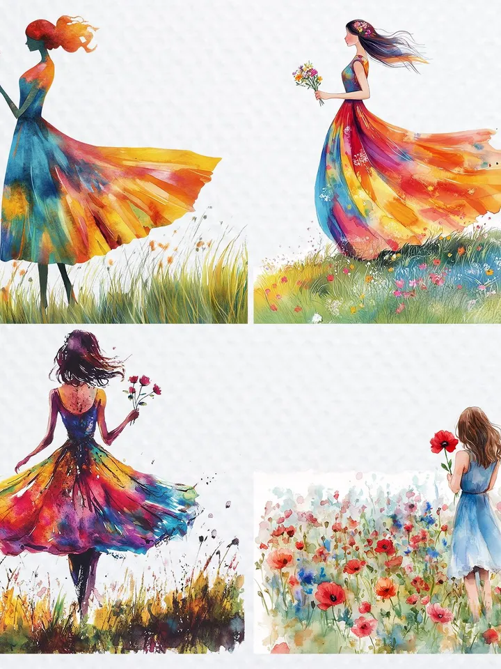 26 Girl and Flower PNG bundle, Printable Watercolor Floral Girl clipart, floral woman png for sublimation pack, Paper craft, junk journal
