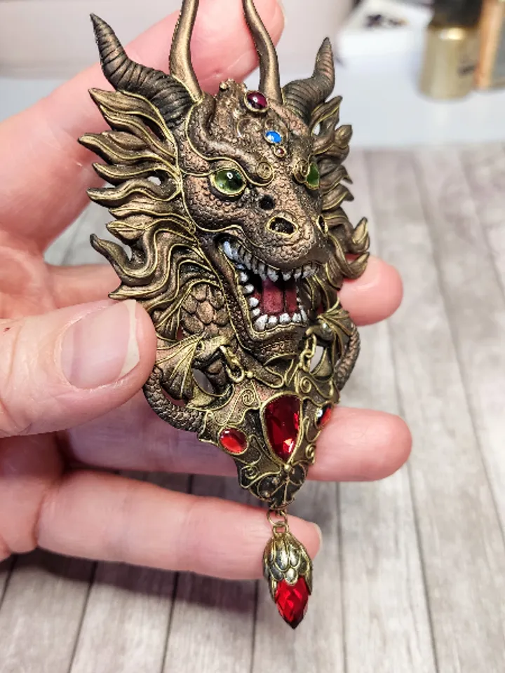 Dragon brooch, Dragon, brooch with stones, bronze dragon, dragon