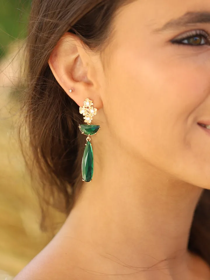Gold 24K Emerald Green Art Deco Wedding Earrings For Brides, Vintage Style Flower Statement Bridal Earrings, Boho Wedding Earrings, Jewelry