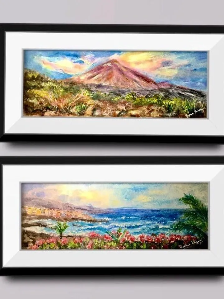 Tenerife,Canarias original watercolor panoramic painting,Teide mountain,Puerto de la Cruz beach,holiday islands memory,unique handmade gift.