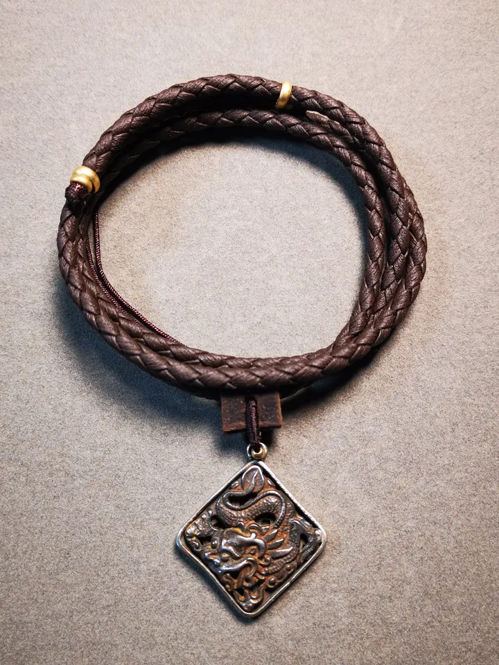 Gandhanra Antique Tibetan Buddhist Amulet,Dragon -the Four Dignities(Garuda,Tiger,Dragon,Lion),Protective Pendant,Inlaid with Sliver
