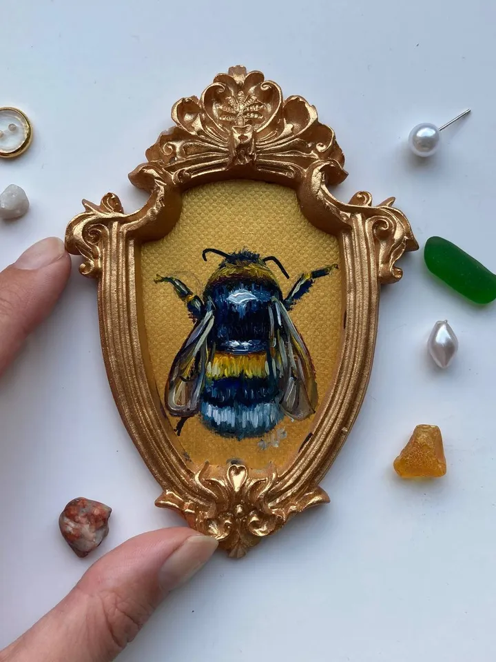 Framed Bumblebee Oil Painting Original Entomology Art Bee Painting Victorian