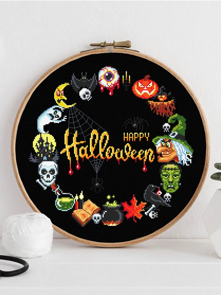 Halloween wreath cross stitch pattern download PDF, Spooky Halloween cross stitch chart, Halloween pattern digital PDF, Beginner stitch #H45