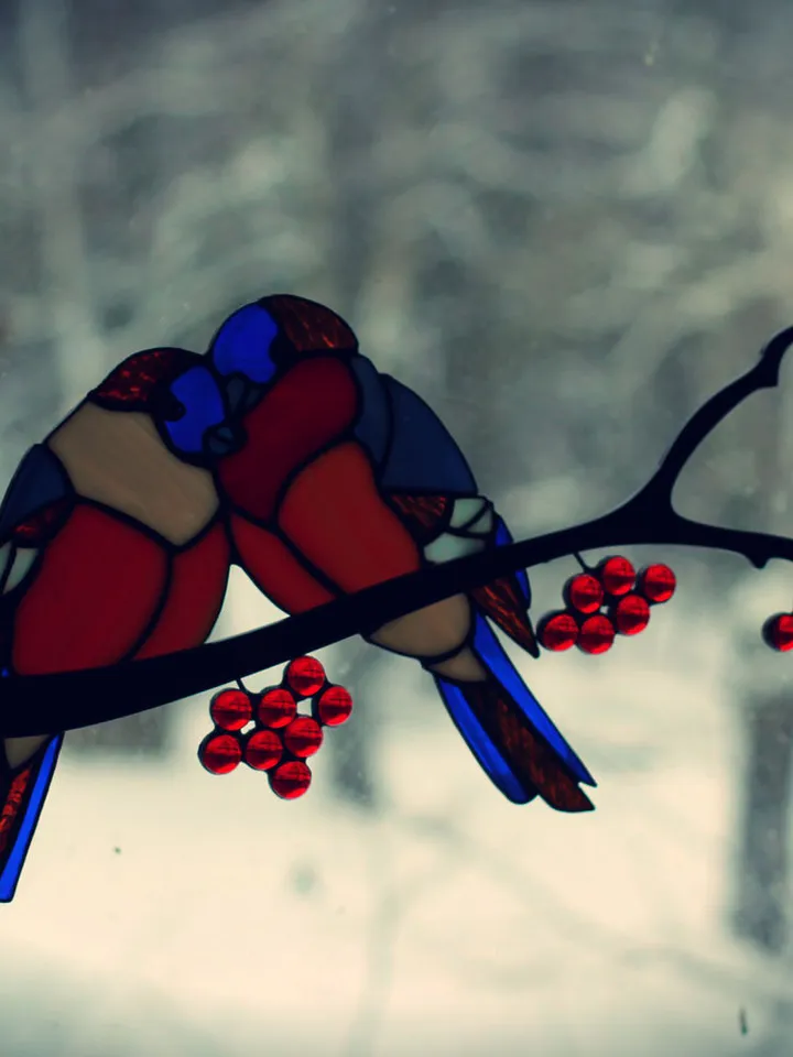 Lovebirds – Bullfinches on a Branch, Lovebirds Stained Glass Panel, Stained Glass Bullfinches on Branch, Romantic Bullfinches in Winter Art, Handcrafted Stained Glass Lovebirds, Winter Birds Stained Glass Decoration, Bullfinches with Berries Stained Glass