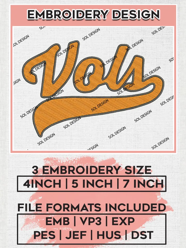 NCAA Vols College Football Team Word Logo Embroidery Design Files, NCAA Tennessee Volunteers Machine Embroidery, NCAA Teams, Game Day, 3 sizes, NCAA Machine embroidery designs, Digital Download