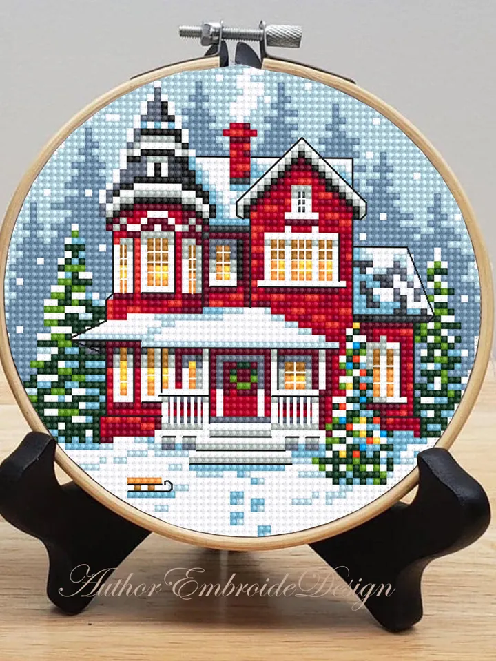 Christmas red house cross stitch pattern PDF download Winter landscape cross stitch chart, Merry Christmas pattern digital PDF #N174