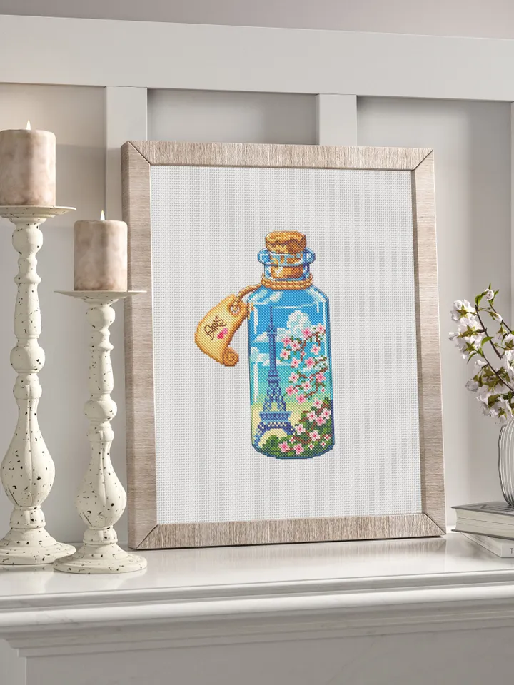 Bottle cross stitch pattern PDF download Eiffel Tower beginner stitch Sakura flowers cross stitch Spring France embroidery Paris decor #E10