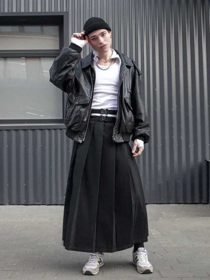 Men's maxi pleated skirt "Extra" with a double belt / not kilt