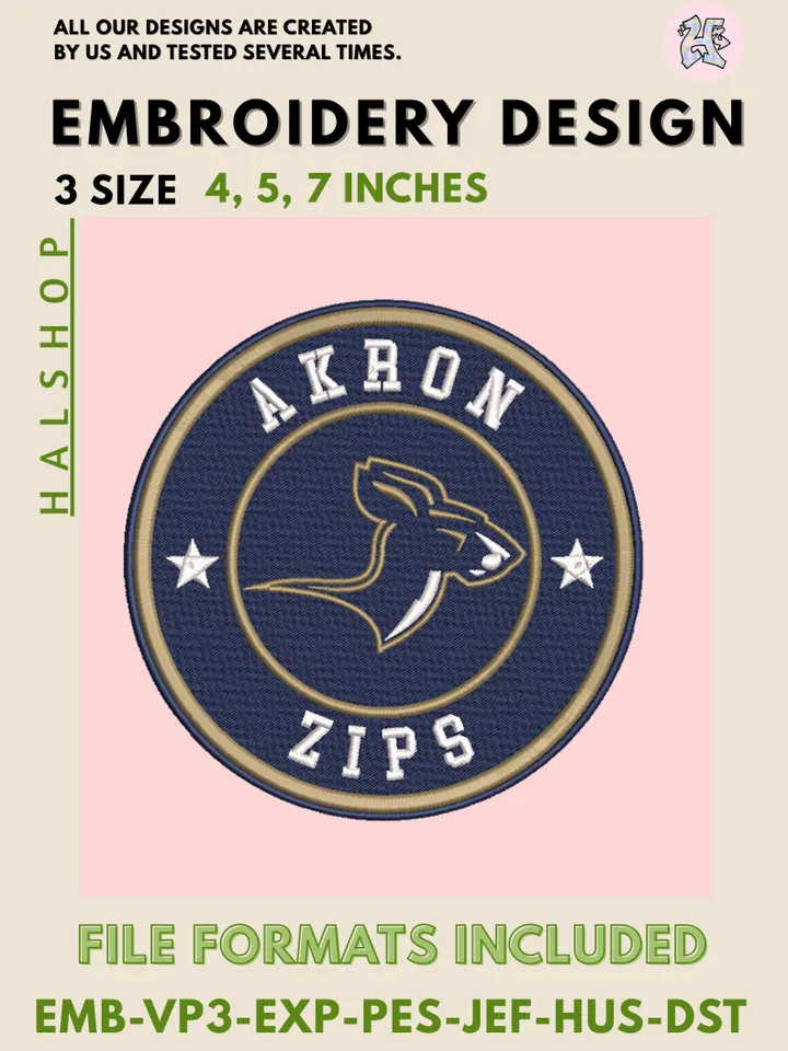 NCAA Akron Zips Logo Embroidery Design Files, College Team Machine Embroidery, 3 Sizes, Digital Download