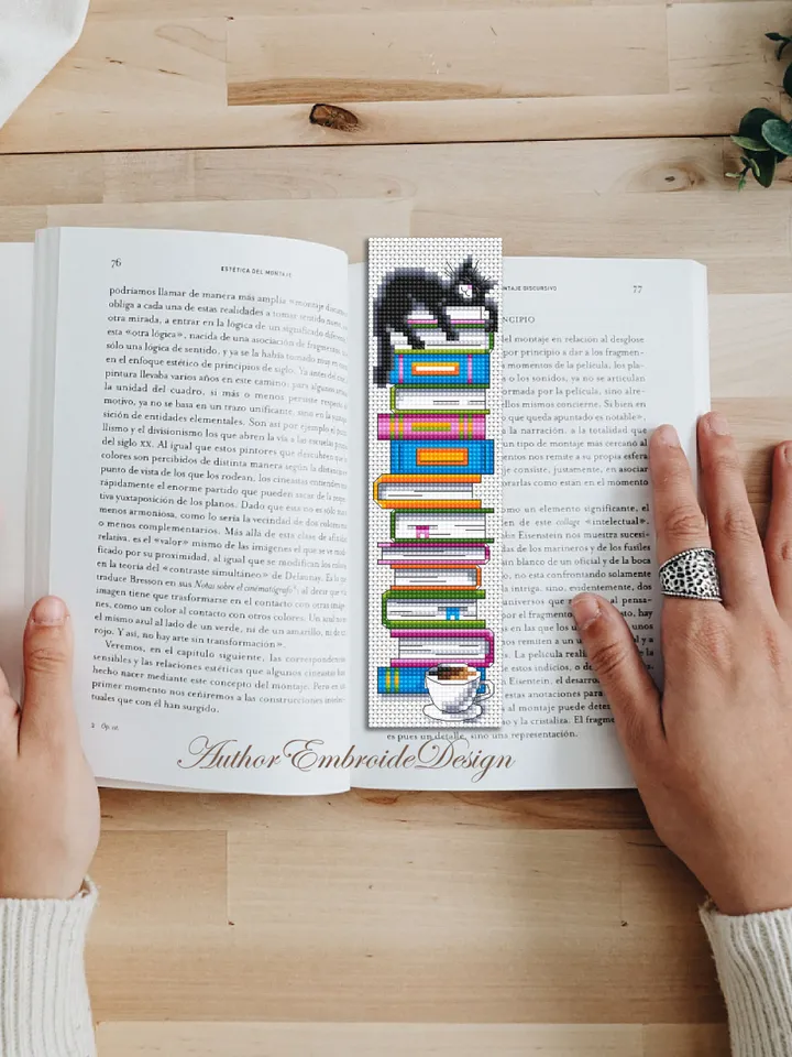 Funny bookmark cross stitch pattern PDF download Black cat cross stitch chart, Handmade bookmark pattern digital PDF, Book accessories #B335