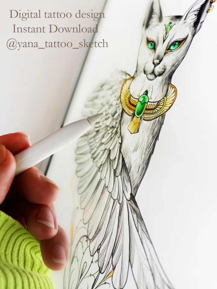 Bastet Tattoo Design Bastet Goddess Sketch Egyptian Cat Tattoo Design for Woman, Instant download PDF, JPG, PNG
