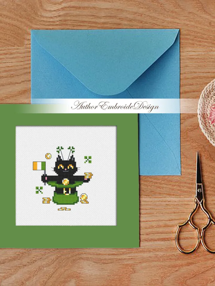 St Patrick day cat cross stitch pattern PDF download Cat holiday cards cross stitch chart, Black cat pattern digital PDF Cat lover gift #T40
