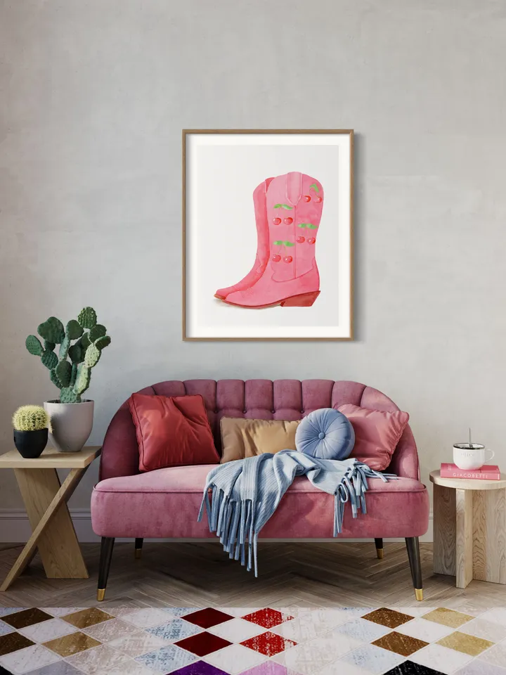 Pink Cowgirl Boots, Preppy Wall Art, Western Home Decor, Retro Girly Wall Art, College Dorm Decor, Gift For Her, Trendy Wall Art, Pink Print