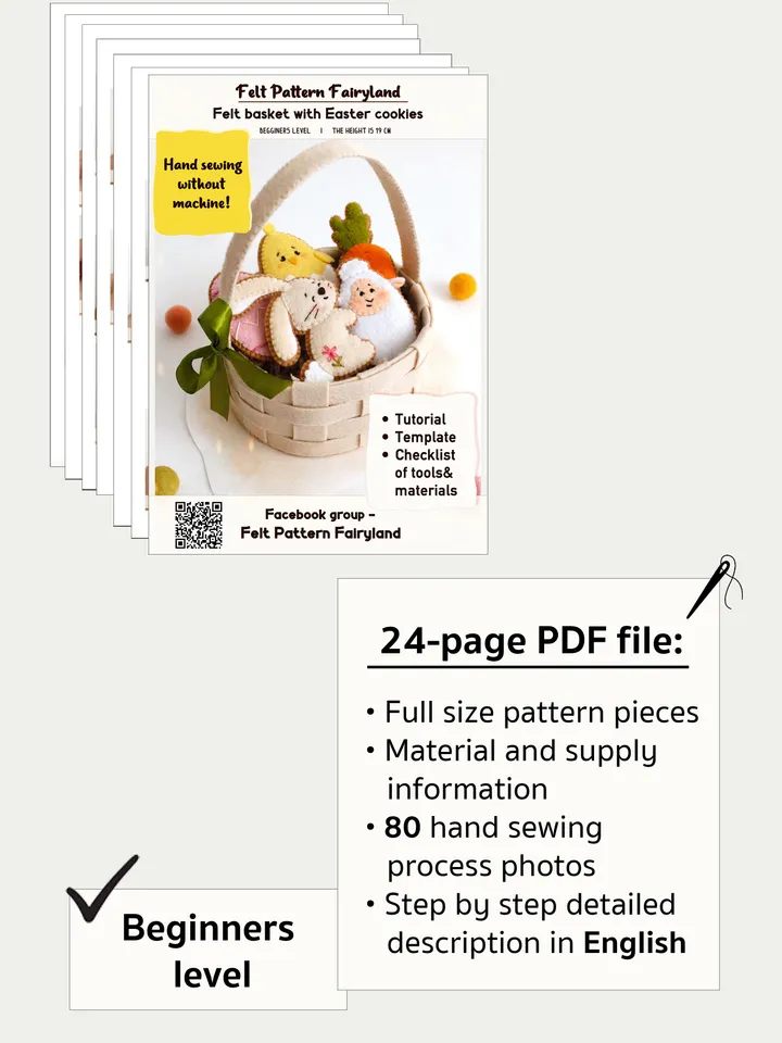 Felt basket with Easter cookies hand sewing PDF tutorial with patterns. DIY Easter ornament. Felt Easter table decoration