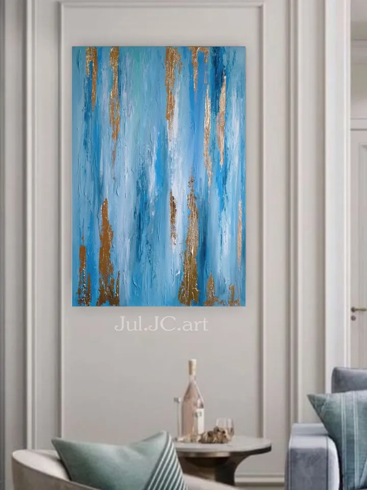 Blue Turquoise and Gold Abstract Wall Art Modern Original Oil Painting on Canvas