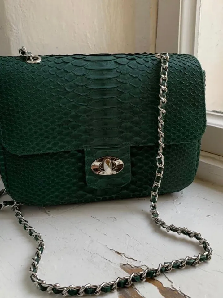 Dark Green Genuine Python Skin Crossbody Chain Bag | Bright Summer Bag | Elegant Women Bag | Chain Strap Crossbody Deep green classy Purse
