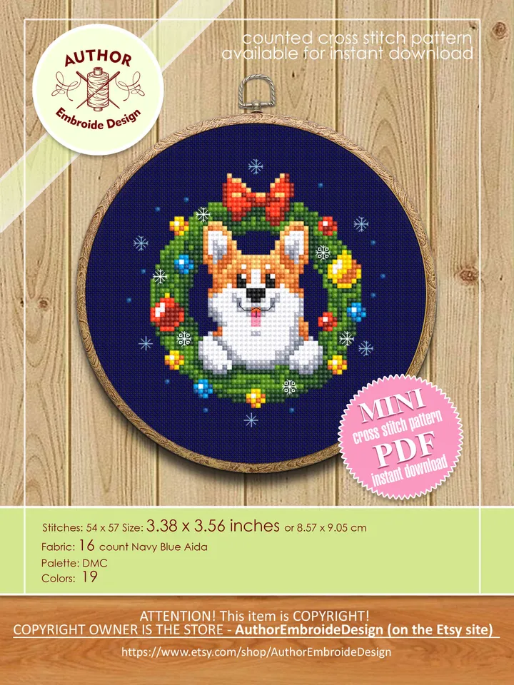 Corgi Christmas cross stitch pattern PDF download Set Christmas dog cross stitch chart, Small christmas ornament digital pattern #N105