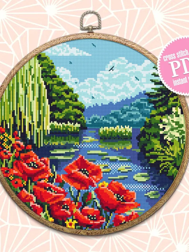 Nature landscape cross stitch pattern download PDF Flowers cross stitch poppies Modern landscape embroidery PDF Nature lover gift #L4