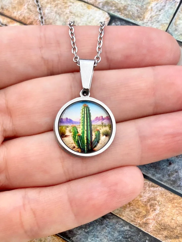 Cactus necklace, steel pendant with glass, Cactus lover gift