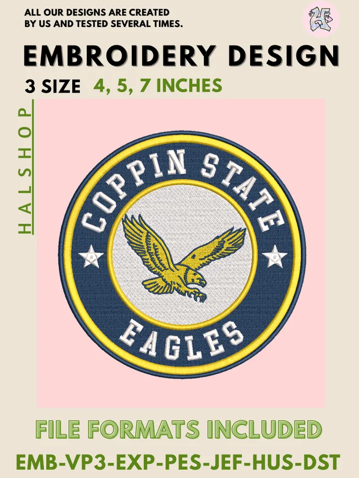 NCAA Coppin State Eagles Logo Embroidery Design Files, College Team Machine Embroidery, 3 Sizes, Digital Download