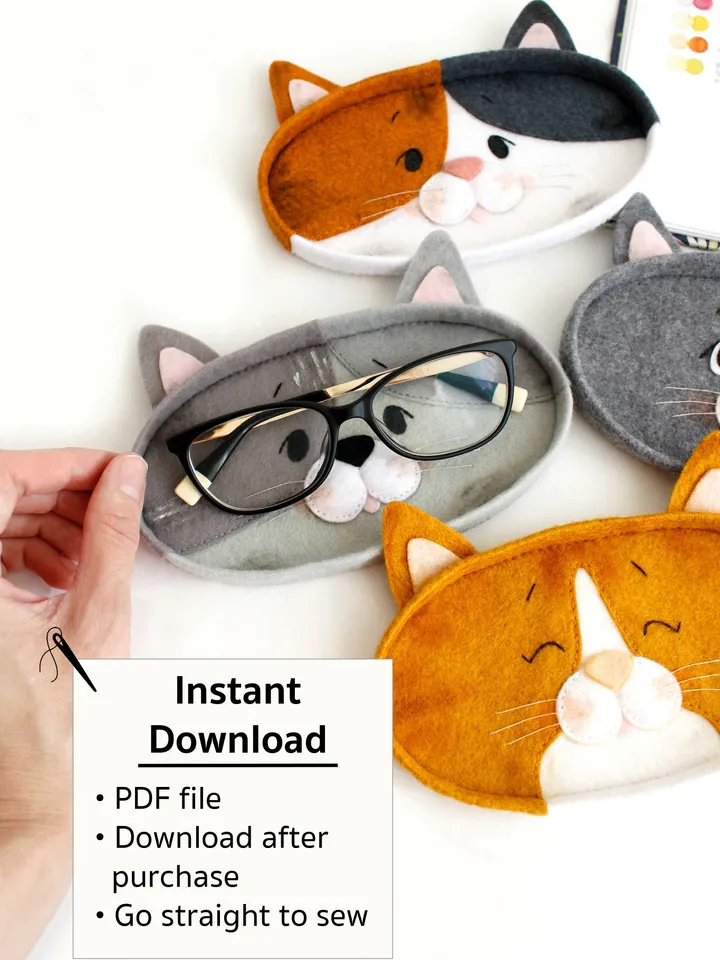 Felt cats eyeglasses holders hand sewing PDF tutorial with patterns. DIY spectacles holder. Handmade pets and book lover gift. Glasses wearer present