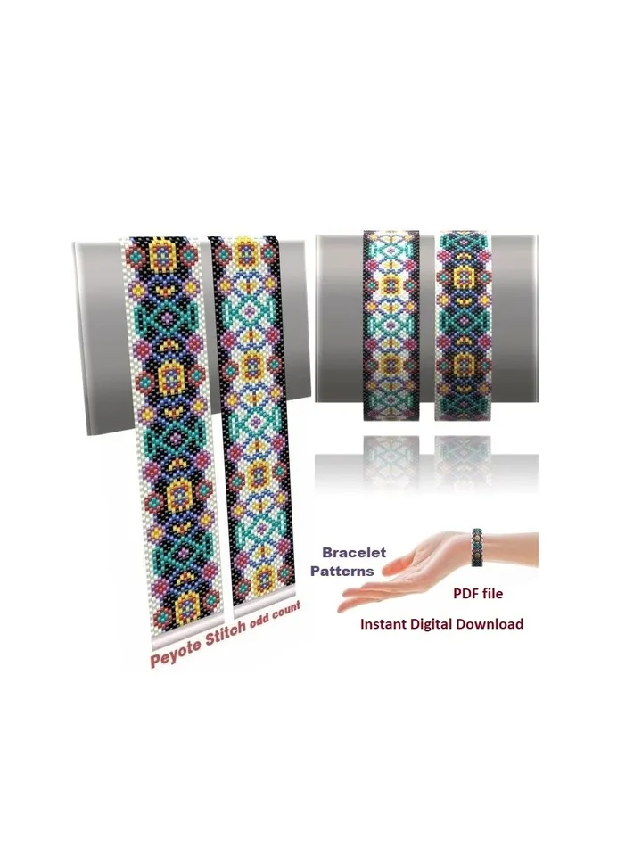 Cuff Bracelet Odd-Count Peyote Stitch Bead Patterns, Seed beads Miyuki Delica or Czech beads Preciosa, Instant Download