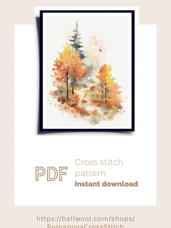 Watercolor Autumn Forest cross stitch PDF pattern, Fall Nature embroidery design, Instant download